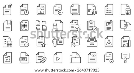 
Document set of web 32 icons in outline. Set of document Icons. Containing contract papers, folder, certificate, accept, approved, clipboard, invoice, archive and more. Vector illustration. 