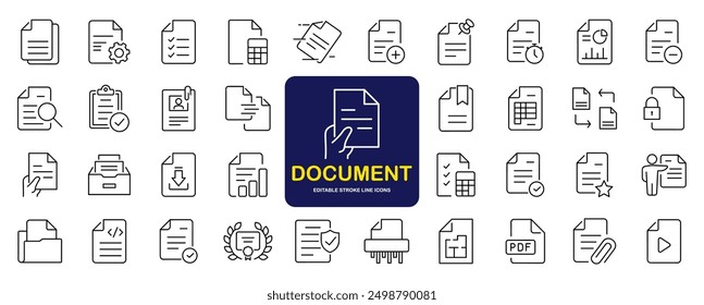 Document set of web icons in line style. Documents linear icon collection. Containing contract papers, folder, certificate, accept, approved, clipboard, invoice, archive and more. Editable stroke