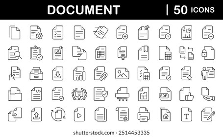 Conjunto de documentos de ícones da Web em estilo de linha. Documenta a coleção de ícones lineares. Contendo documentos do contrato, pasta, certificado, aceitar, aprovado, área de transferência, fatura, arquivo e muito mais. Traçado editável