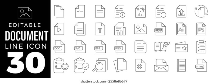  Document set of web icons in line style. Documents linear icon collection. Containing contract papers, folder, certificate, accept, approved, clipboard, invoice, archive and more. Editable stroke