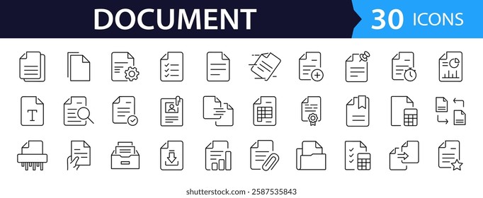 Document set of web icons in line style. Documents linear icon collection. Containing contract papers, folder, certificate, accept, approved, clipboard, invoice, archive and more. Editable stroke