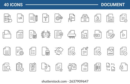 Document set of web icons in line style. Documents linear icon collection. Containing contract papers, folder, certificate, accept, approved, clipboard, invoice, archive and more. Editable stroke