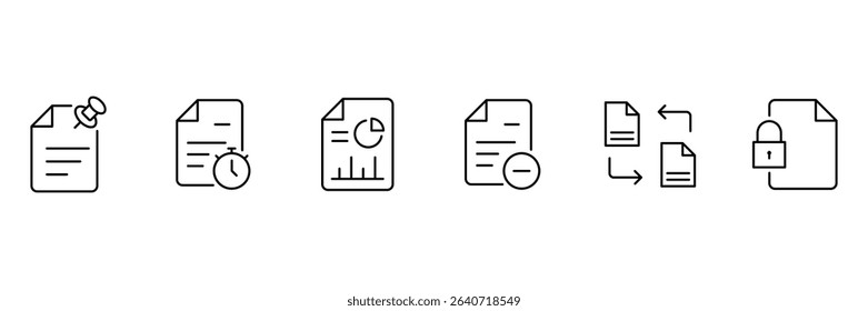 Document set of web icons in outline. Set of document Icons. Containing contract papers, folder, certificate, accept, approved, clipboard, invoice, archive and more. Vector illustration. 