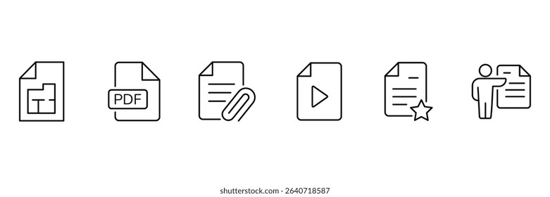 Document set of web icons in outline. Set of document Icons. Containing contract papers, folder, certificate, accept, approved, clipboard, invoice, archive and more. Vector illustration. 