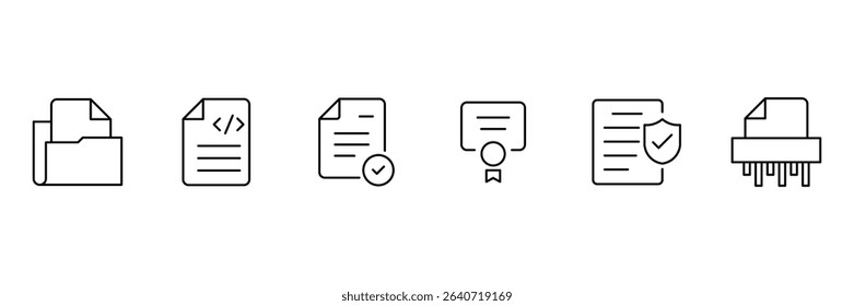 Document set of web icons in outline. Set of document Icons. Containing contract papers, folder, certificate, accept, approved, clipboard, invoice, archive and more. Vector illustration. 