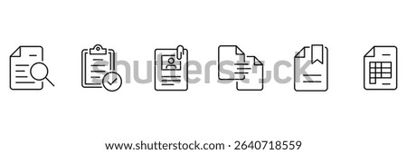 Document set of web icons in outline. Set of document Icons. Containing contract papers, folder, certificate, accept, approved, clipboard, invoice, archive and more. Vector illustration. 