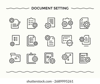 Coleção de ícones de Configuração de Documento. Pictogramas de inspeção, finanças, ampliação, avaliação, pesquisa, gráfico e muito mais. Ícone de auditoria definido. Ilustração vetorial moderna. Pixel perfeito. Traçado editável.