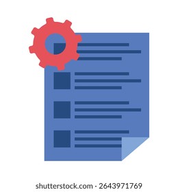 Ícone de configurações de documento em estilo plano, mostrando engrenagem no arquivo para configuração de conteúdo ou do sistema.