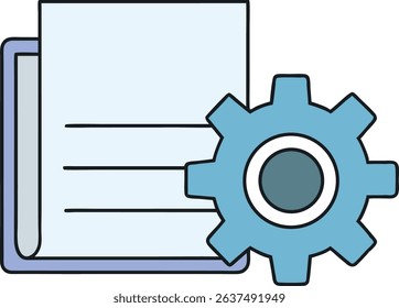 Document settings icon with gear and file paper illustration. Perfect for software configuration, file management, or admin control visuals. Clean flat vector for digital interface concepts.