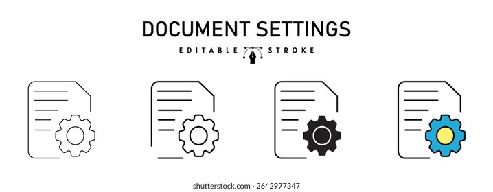 Document Settings Icon Set File with Gear Symbol in Various Styles vector illustration. two colored and black Document vector icons designed in filled, outline, line and stroke style used for web,