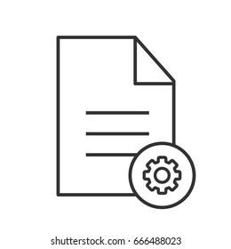 Document settings linear icon. Thin line illustration. Text paper with cogwheel contour symbol. Vector isolated outline drawing