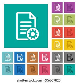 Document settings multi colored flat icons on plain square backgrounds. Included white and darker icon variations for hover or active effects.