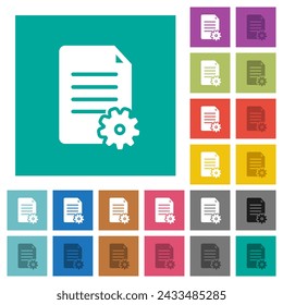 Document settings solid multi colored flat icons on plain square backgrounds. Included white and darker icon variations for hover or active effects.