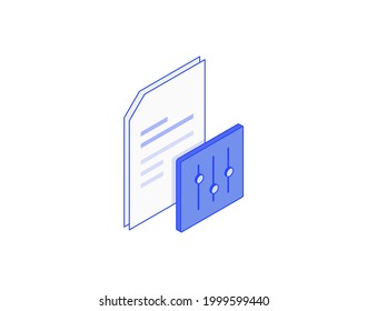 Document settings, sorting docs, list, file filtering isometric illustrate 3d vector icon. Modern creative design illustration in flat line style.