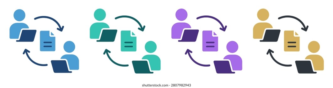 document sharing collaboration between laptop users icon set on transparent background