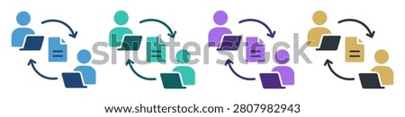 document sharing collaboration between laptop users icon set on transparent background