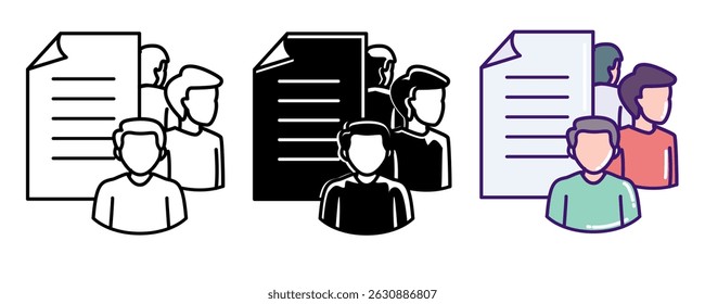 Document Sharing icon represented by paper, some people Line, Filled, Color style.