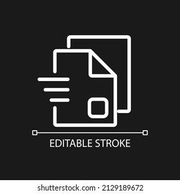 Document sharing pixel perfect white linear icon for dark theme. Digital information. Send and receive. Thin line illustration. Isolated symbol for night mode. Editable stroke. Arial font used