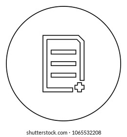 Document sheet add black icon in circle outline