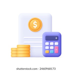 Document sheet with calculator and coin stack. Financial report, accounting, income and tax concept. 3d vector icon. Cartoon minimal style.