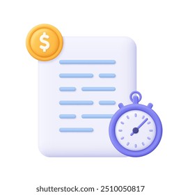 Document sheet with coin and timer. Transaction, time management, accounting and audit concept. 3d vector icon. Cartoon minimal style.