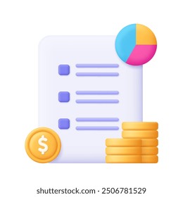 Hoja de documento con diagrama y pila de monedas. Informe de finanzas de negocios y análisis de datos, auditoría financiera, concepto de comercio digital. Icono de Vector 3D. Estilo minimalista de dibujos animados.