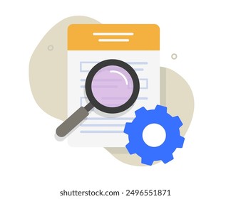 Document sheet performance review icon vector graphic illustration flat cartoon, doc form file check audit with cog wheel gear symbol, settings cogwheel search image clip art