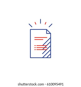 Document sheet, resume concept, application form, business documentation, vector mono line icon