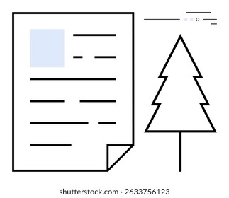Document sheet with text lines and image, minimalist tree symbol, and simple lines. Ideal for ecotourism materials, green initiatives, education, presentation themes, environmental reports