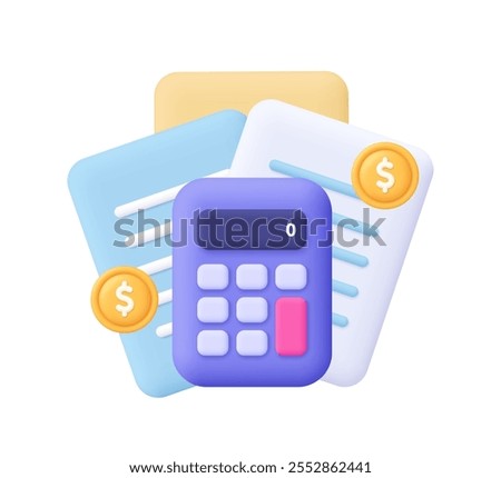 Document sheets with calculator and coins. Financial report, accounting, income and tax concept. 3d vector icon. Cartoon minimal style.