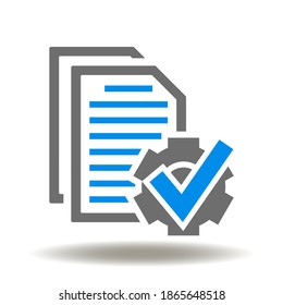 Document sheets and gear with check mark icon vector. Compliance Regulation Quality Office Paperwork Symbol.