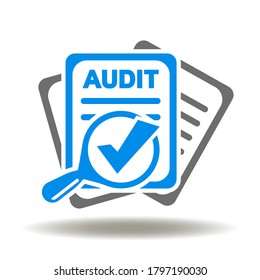 Document Sheets And Magnifying Glass With Check Mark Icon Vector. Finance Audit, Analytics And Planning Logo.