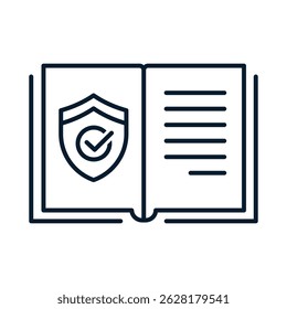 Documento, escudo, marca de verificación. Concepto de póliza de seguro. Icono lineal de Vector aislado sobre fondo blanco.