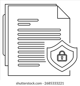 Documento con ícono de escudo y candado, seguridad de documentos cifrados, protección de archivos segura, cumplimiento de privacidad de datos, contorno de Vector de arte de línea de ciberseguridad, ilustración mínima, iconos de trazo editables.