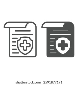 Document with shield and medical cross line and solid icon, human rescue concept. Vector graphics. Sheet of paper with emblem sign on white background, outline style icon for mobile or web design