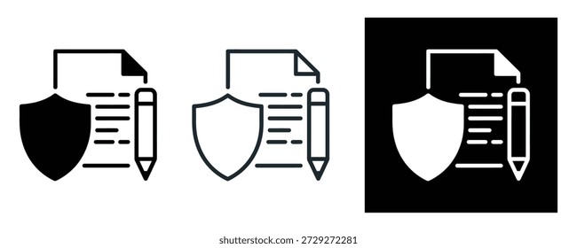 Conjunto de iconos de lápiz y escudo de documentos. Protección de archivos, edición, datos seguros y conceptos de Propiedad intelectual.