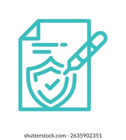 Document with shield symbol and pen illustration for security measures. Digital insurance icon cyber security symbols concept.