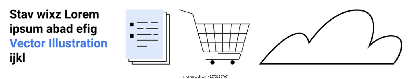 Document, shopping cart, and cloud outline arranged on a white background. Ideal for business, technology, e-commerce, online shopping, and cloud computing themes. Banner for landing page