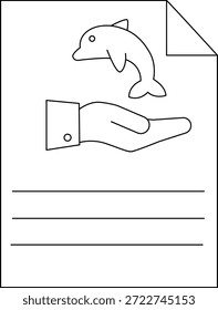 Un documento muestra un delfín sobre una mano tres líneas en la parte inferior La esquina superior derecha está doblada