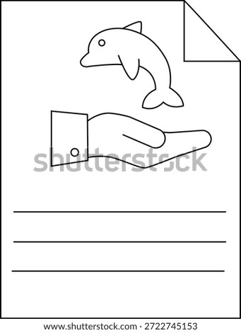A document shows a dolphin above a hand three lines at bottom The top right corner is folded