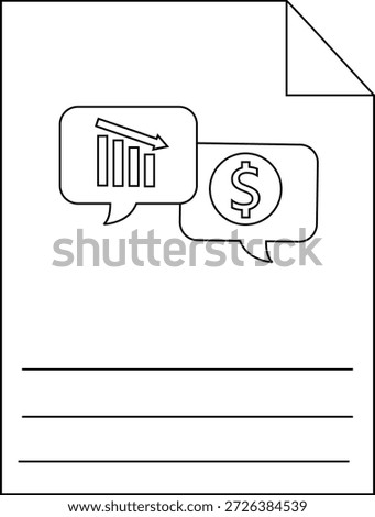 Document shows a downwardtrending bar graph with dollar sign in speech bubble and writing space