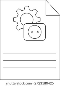 A document shows a gear an electrical outlet and lines for writing
