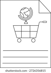 Un documento muestra un globo terráqueo sobre un Carrito de compras con líneas debajo y una esquina doblada