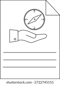 Ein Dokument zeigt eine Hand, die einen Kompass mit den Richtungen N S E W und Leerzeilen für Text hält