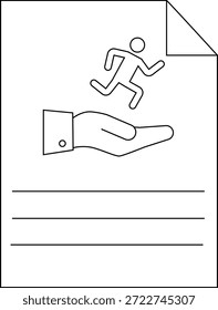 A document shows a hand holding a stick figure person with lines at the bottom and a folded corner at the top