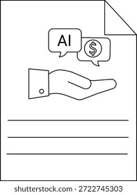 Un documento muestra una mano que ofrece IA con líneas debajo de una esquina doblada, todo en un simple arte lineal