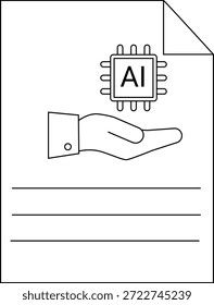 O documento mostra uma mão apresentando um microchip de IA com três linhas em branco abaixo e um canto dobrado