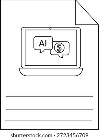 Un documento muestra una computadora portátil La pantalla muestra burbujas de discurso para IA y dinero Las líneas de texto están en la parte inferior