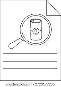 Un documento muestra un barril de aceite debajo de una lupa sobre 3 líneas para texto y una esquina de página doblada