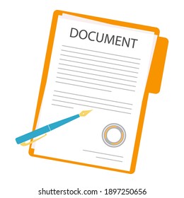 Document sign icon. Document, folder with seal, text and pen. Illustration